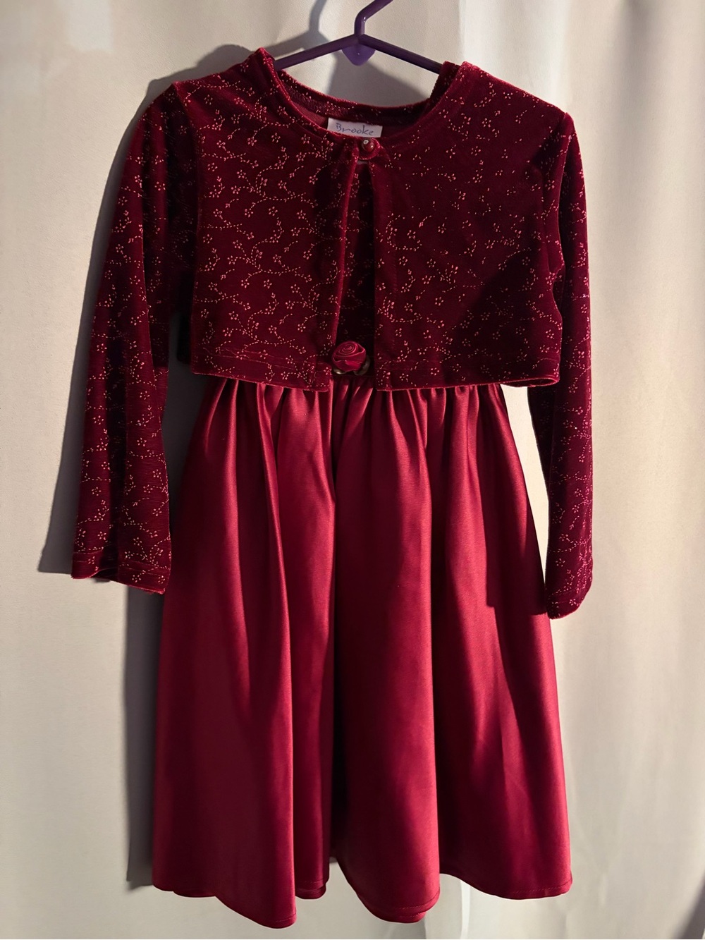 Girls' burgundy Velvet Holiday Dress with Bolero
